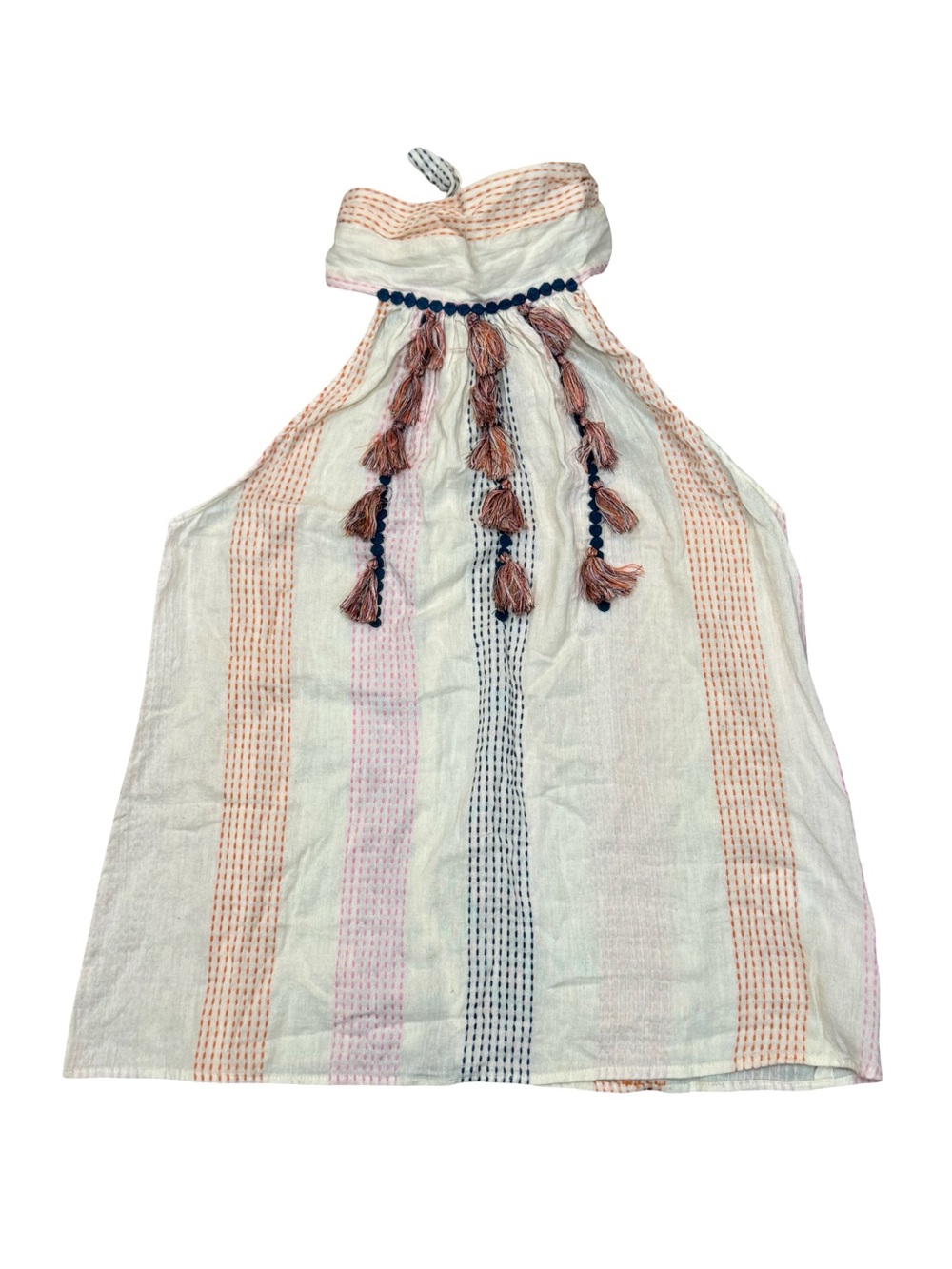 Anthropologie THML White Tank Top with Pink and Navy Tassels Embroidered Stiched